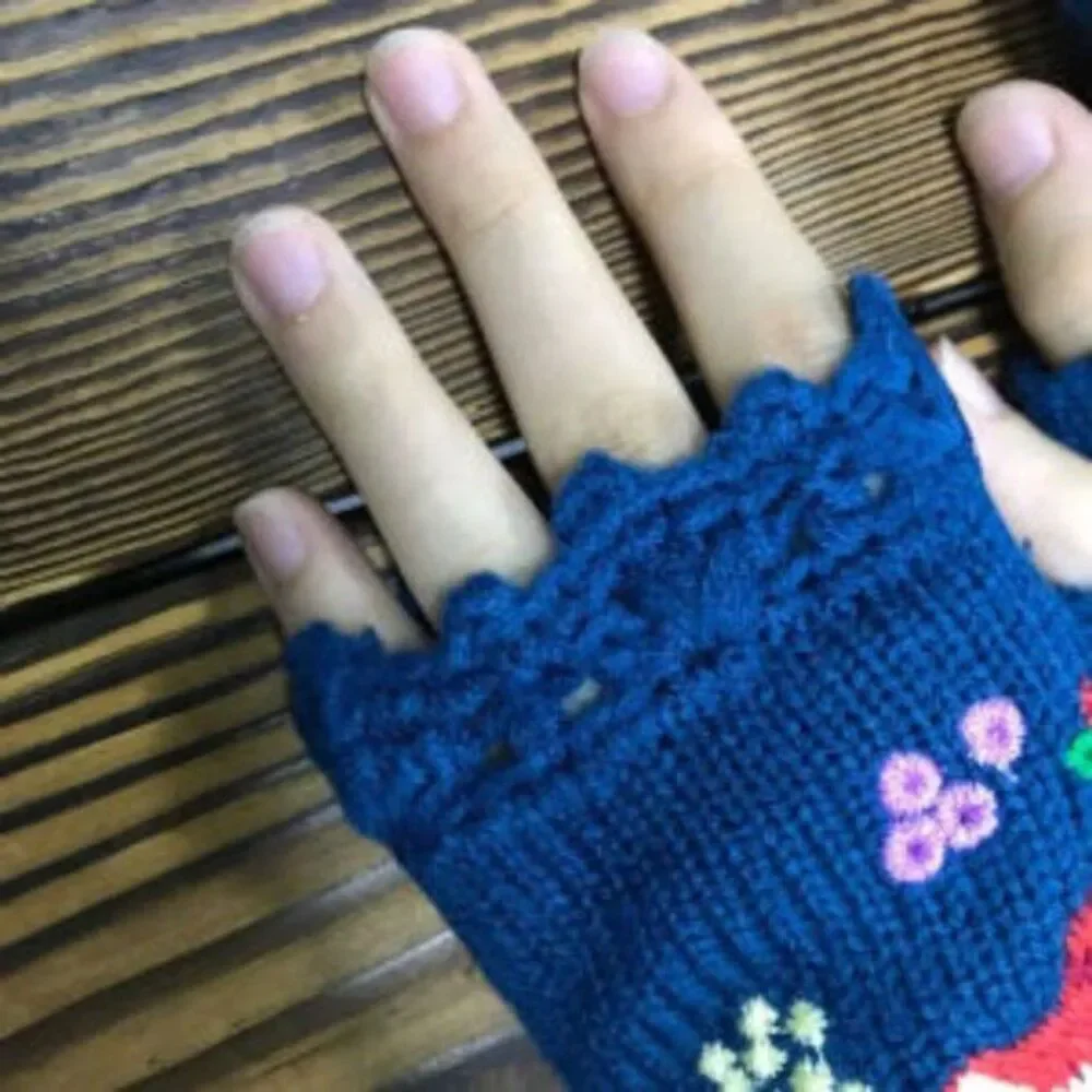 Winter Knit Gloves, Handmade Embroidery, Knitted Fox Gloves Arm Warmer Women